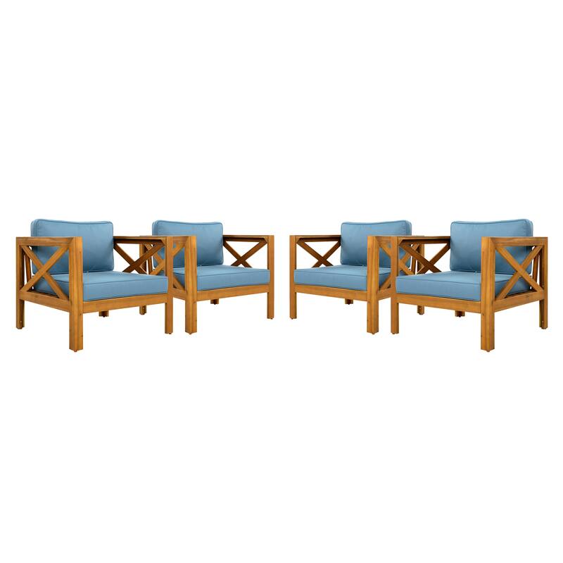 Outdoor Acacia Wood Club Wooden Armchair with Cushions ， Conversation Set,Teak Finish,Beige Cushion setof 4