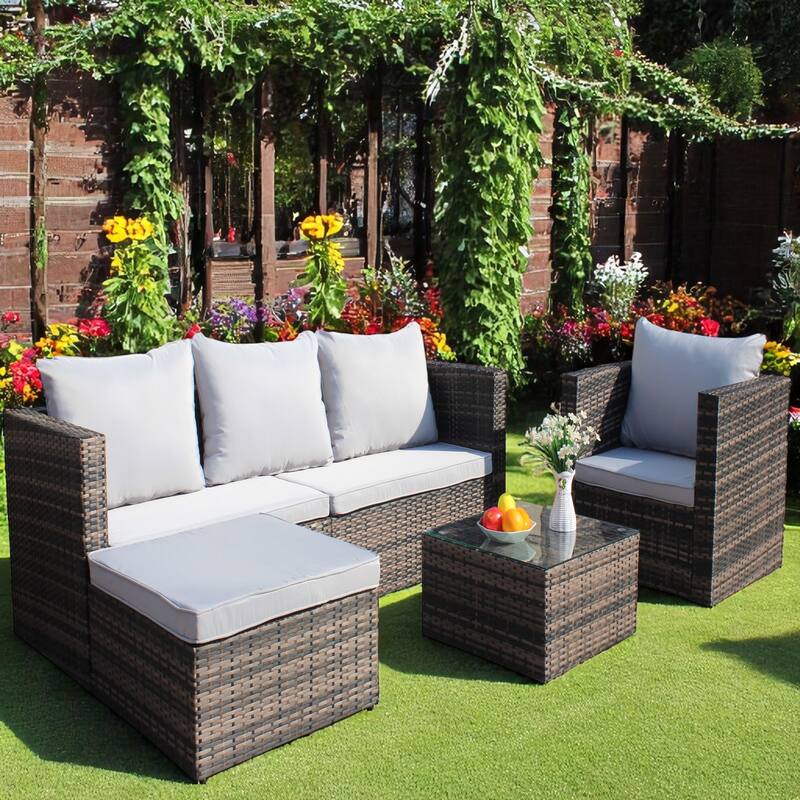 4-Piece Outdoor Patio Furniture Set, PE Rattan Sectional with 3-Seat Sofa, Armchair, Ottoman, and Tempered Glass Coffee Table