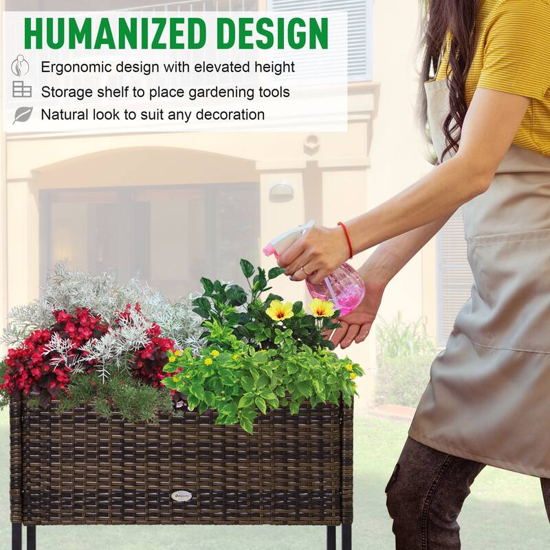 Outsunny Indoor/Outdoor Rattan Flower Planter Box with Tool Storage Rack Below and Sturdy Elevated Work Area, 28" H