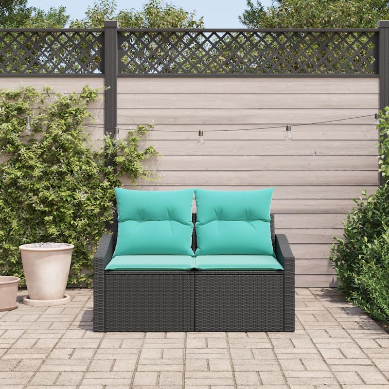 vidaXL 2-Seater Garden Sofa with Cushions Black/Brown/Grey Poly Rattan - 24.4 x 48.4 x 27.2