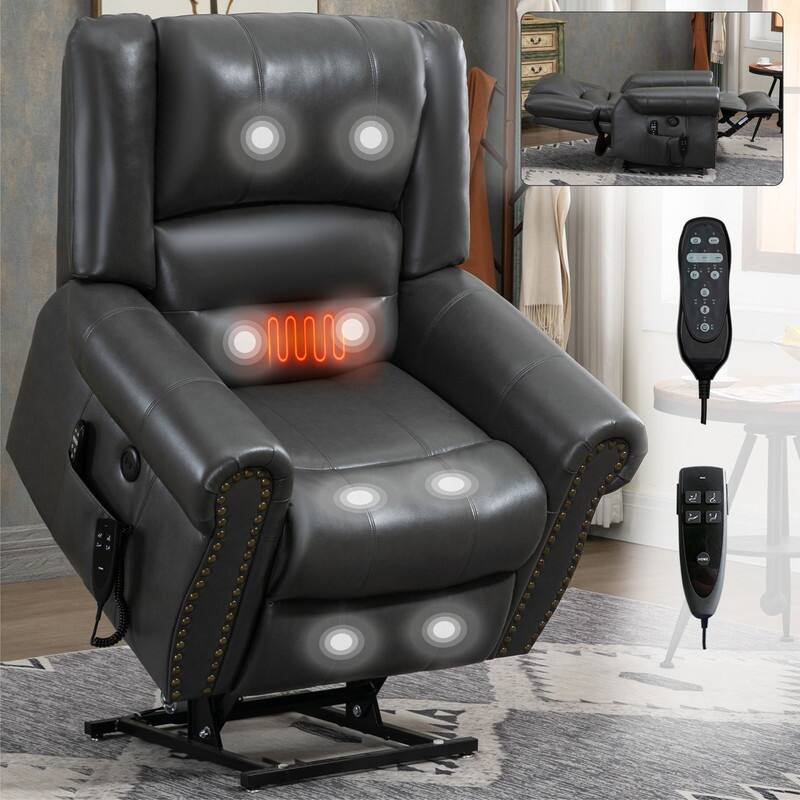 Power Lift Recliner Chair with Heat Massage - Dual Motor Heavy Duty, Faux Leather, 350 lbs Capacity