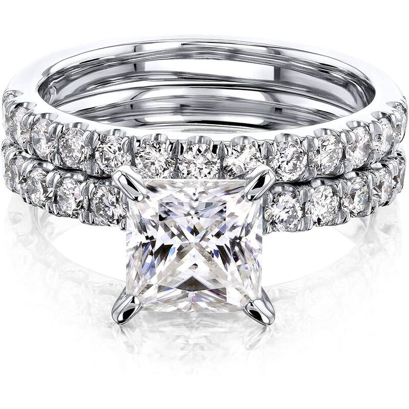 Annello by Kobelli 14K Gold 1.5ct Princess Moissanite Comfort Fit French Pave Bridal (HI/VS, GH/I)