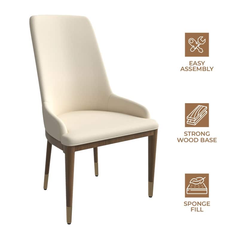 Dining Chair Upholstered in Leather with Rubberwood Frame Set of 2 Side Chair High Back and Gold Accent Legs