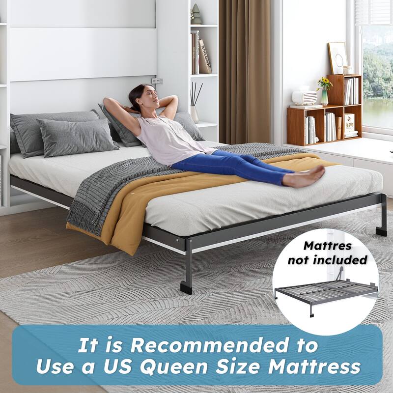 Queen Size Murphy Bed Foldable Wall Bed Frame Cube Cabinet Bed, Solid Wood Support Strips Platform Bed, Save-Space Hidden Bed