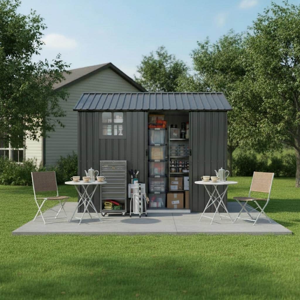 8*6 FT Galvanized Steel Outdoor Storage Shed with Sliding Door,Heavy Duty Metal Tool Shed with Window & Vents