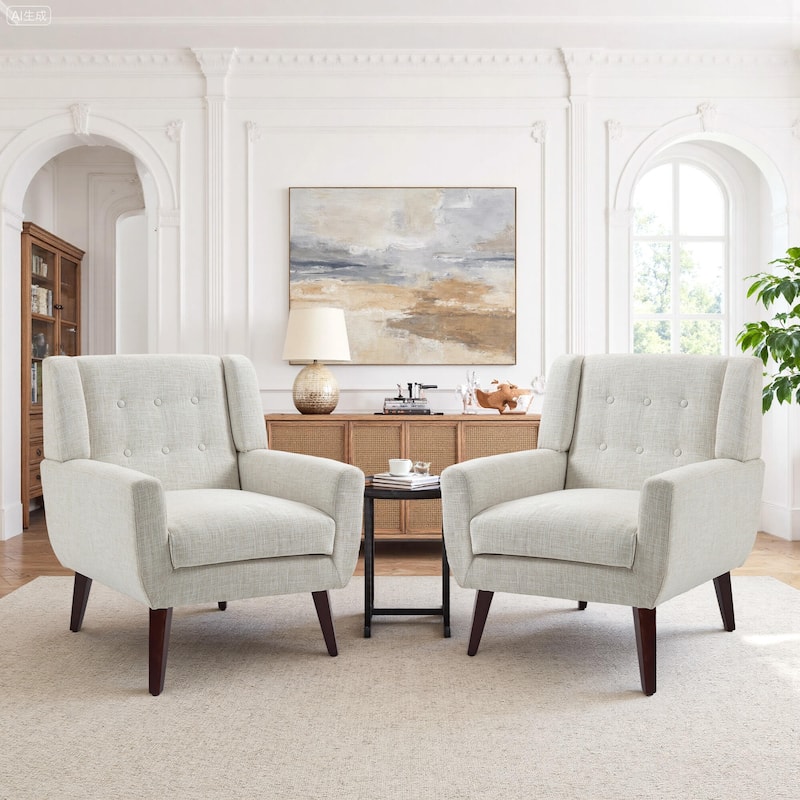 2 Set Modern Tufted Linen Upholstered Accent Chair Faux Leather Armchair