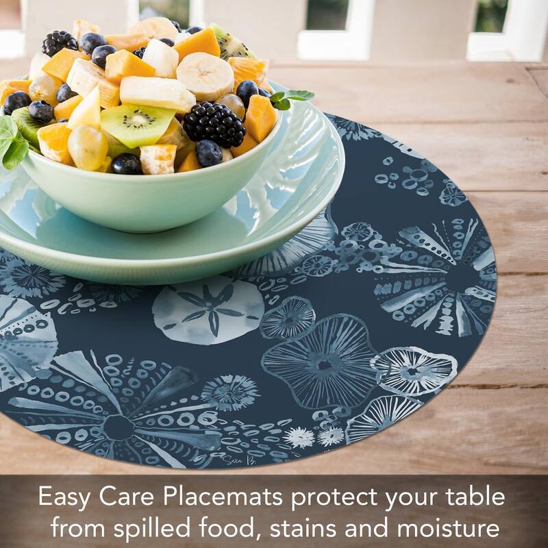 Tidal Shells 4 Pack Round Reversible Easy Care Flexible Plastic Placemats Made in The USA Reversible Flexible Easily Wipes Clean
