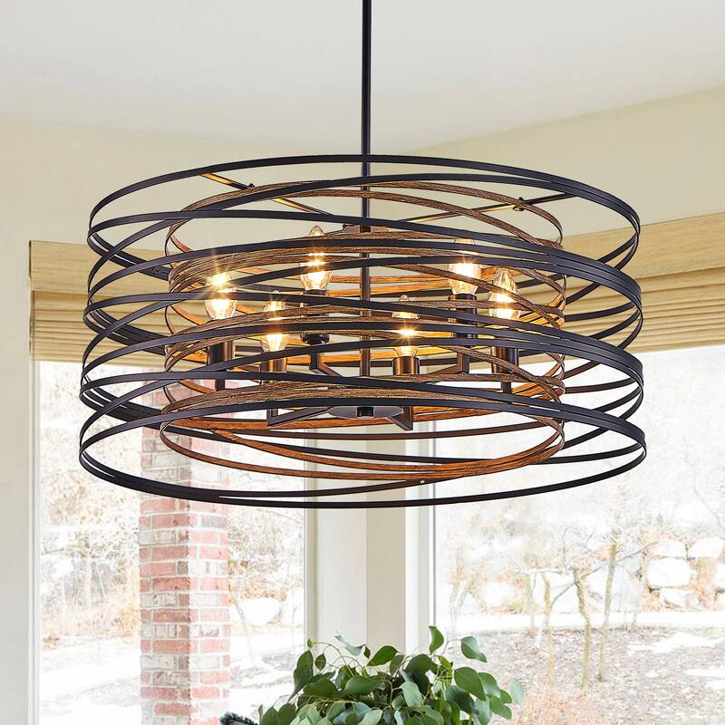 24" Rustic Industrial Pendant Light, 6-Light Black and Walnut Metal Cage Chandelier with Wood Accents (No Bulbs)