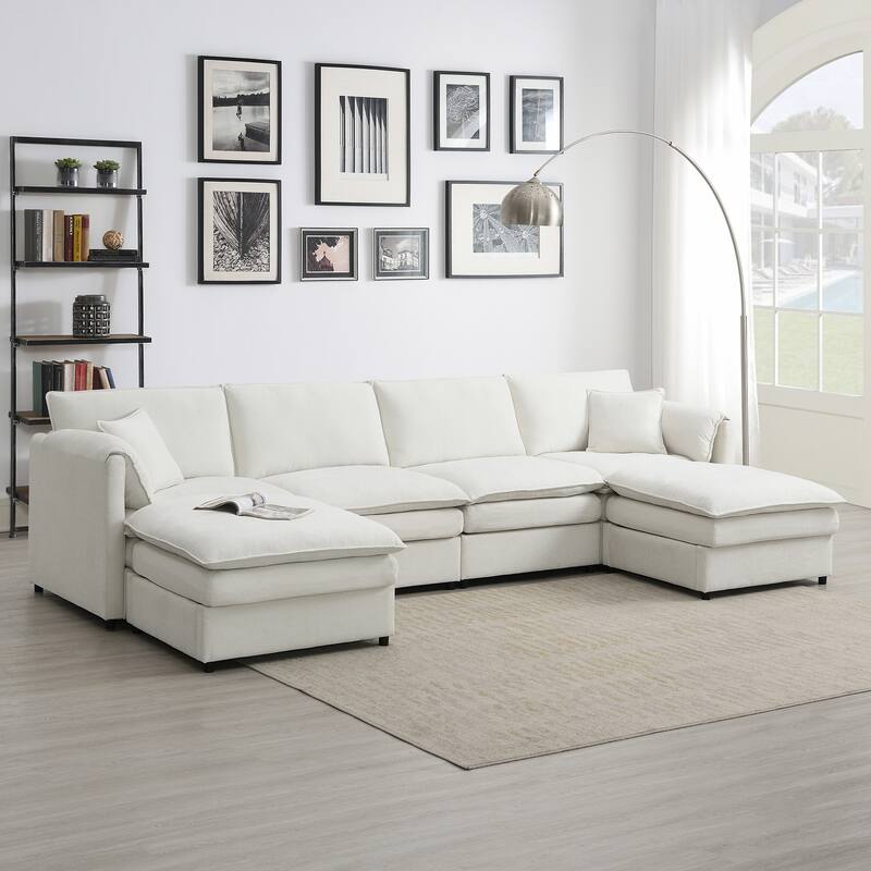 Chenille Modular Sectional Sofa, U Shaped Cloud Couch Set - Cream