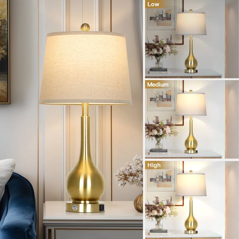 26'' Modern Table Lamps with Dual USB-C Ports & Touch Control - Golden Finish, Oatmeal Fabric Shade (Set of 2)