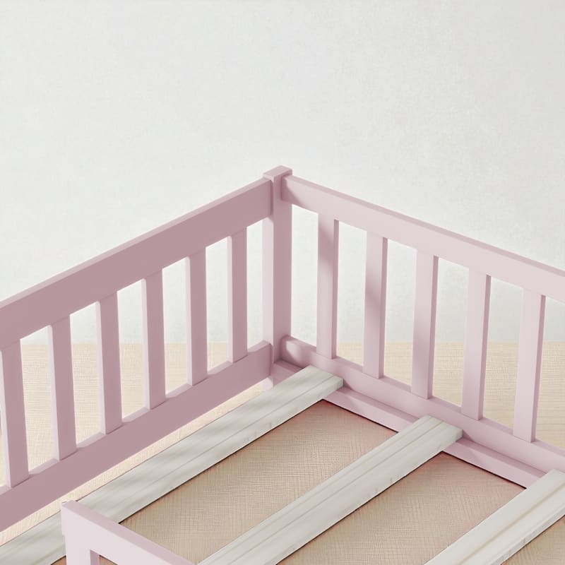 Twin Floor Bed with High Safety Fence, Rubber Wood Construction, Easy Assembly