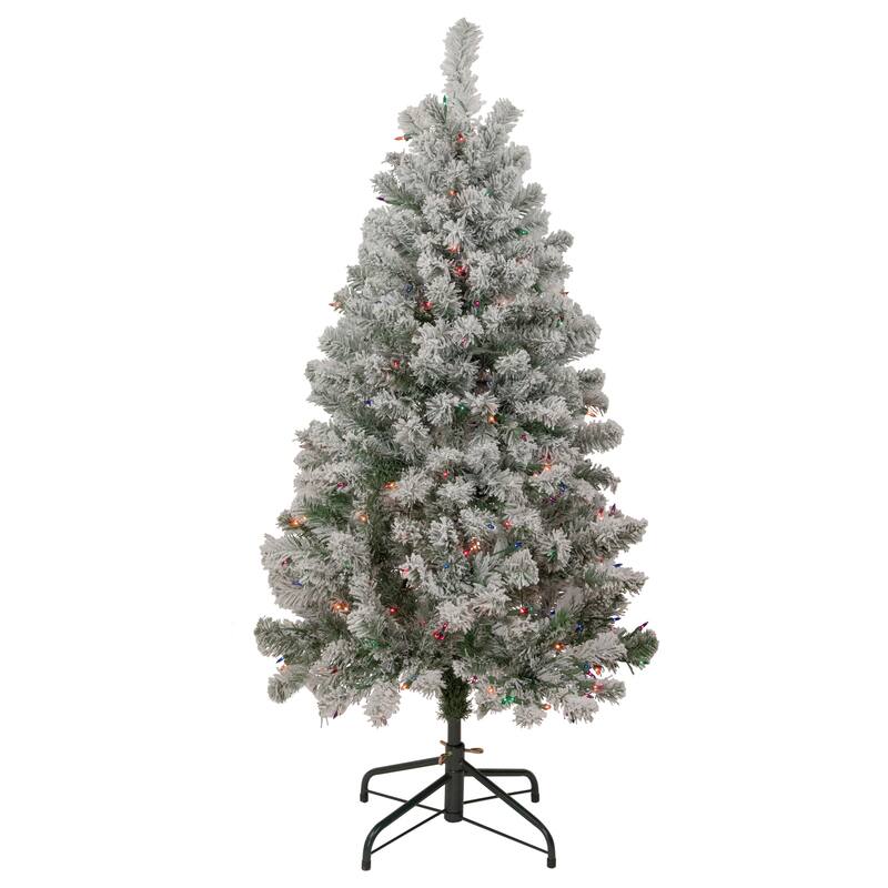 4.5' Flocked Madison Pine Artificial Christmas Tree, Multi Lights - 4.5 Foot