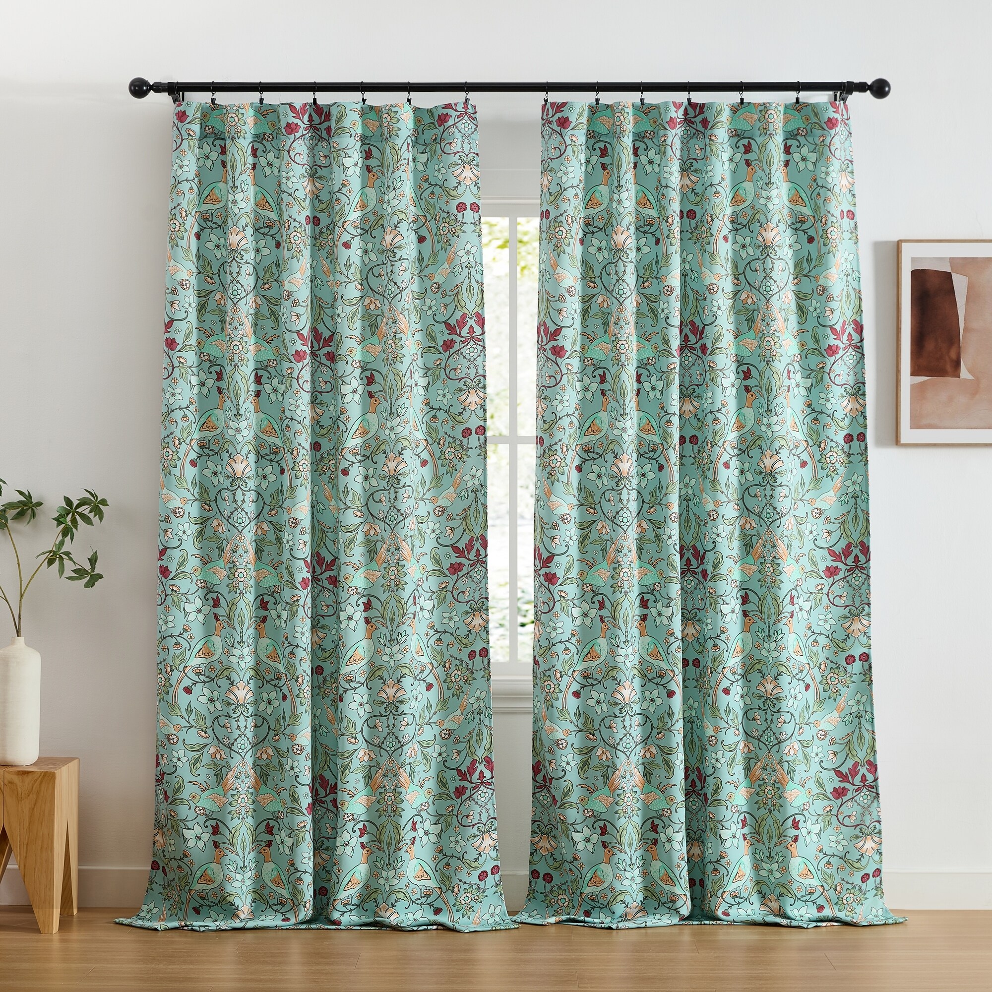 HLC.ME Florence Floral & Birds Window Back Tab Rod Pocket Curtains