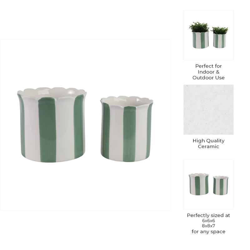Ceramic Planter Scalloped Edge and Vertical Textured Design (Set of 2) - 8" x 8" x 7"