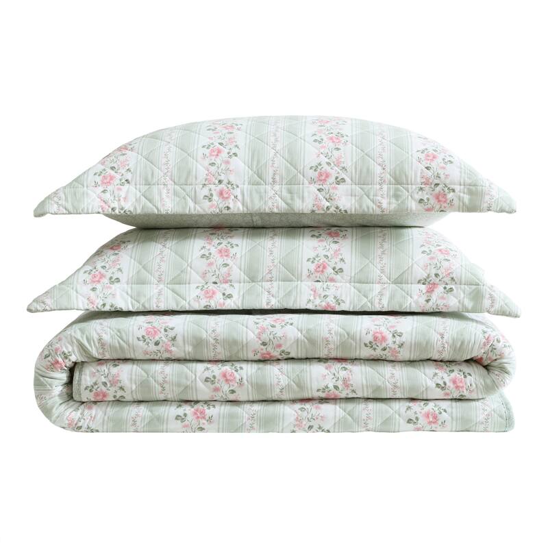 Laura Ashley Rosebud Stripe Cotton Reversible Green Quilt Set