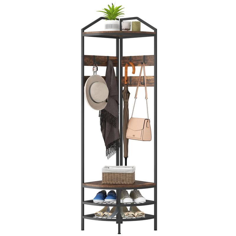 Industrial-Style Corner Coat Rack with Shoe Rack, 8 Movable Hooks and 2 Shelves, for Bedroom Living Room