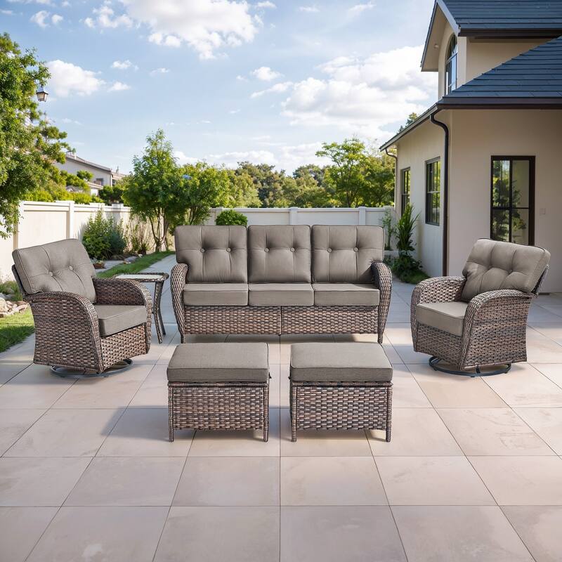 Gymojoy 6-Piece Outdoor Wicker Patio Furniture Set, 5" Thick Cushioned Rattan Set with Swivel Chairs & Ottomans - Brown Wicker / Grey Cusion - 6-Piece