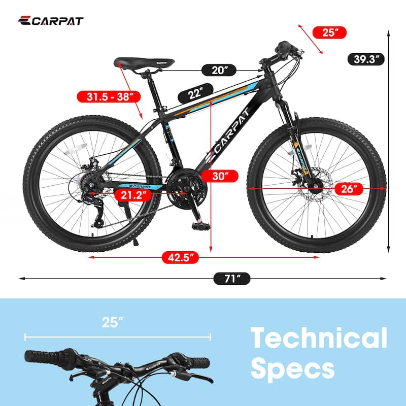 26 Inch Mountain Bike, Shimano 21 Speeds with Mechanical Disc Brakes, High-Carbon Steel Frame, Suspension MTB Bikes