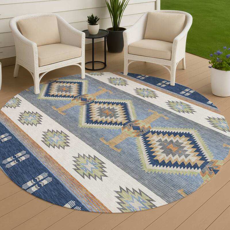 Machine Washable Indoor/ Outdoor Global Chennai Chantille Rug - Navy - 8' x 8'