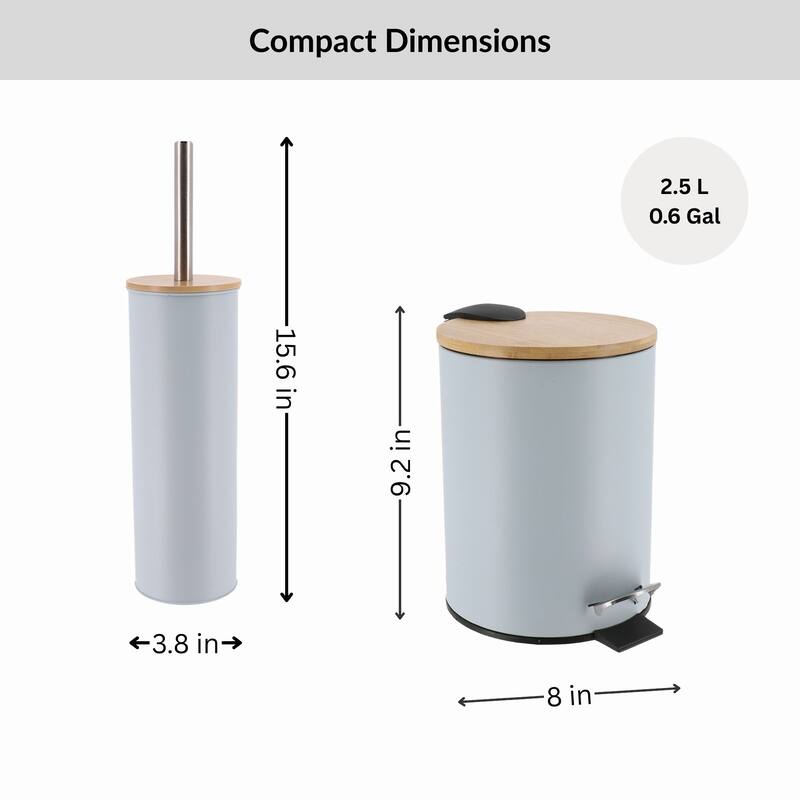 Bathroom Set with Bamboo Lid - Matte Metal Trash Can and Toilet Brush - 15.6" H x 11" L x 11" W