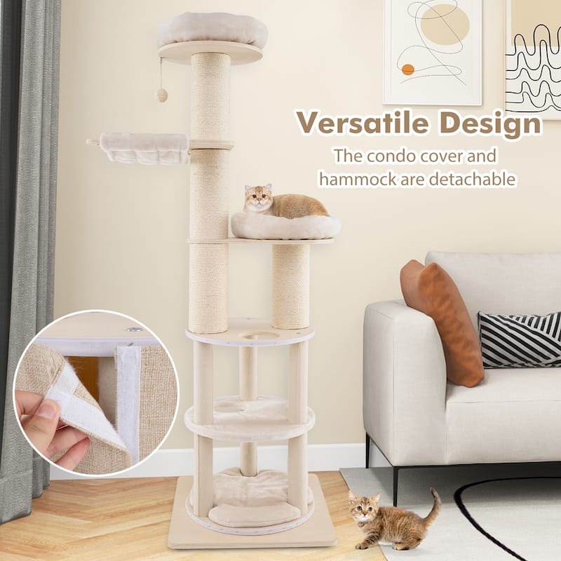 Wooden Cat Tree 74 Inches Tall with 2-Story Condo & Washable Soft Cushions - 23" L x 23" W x 74" H