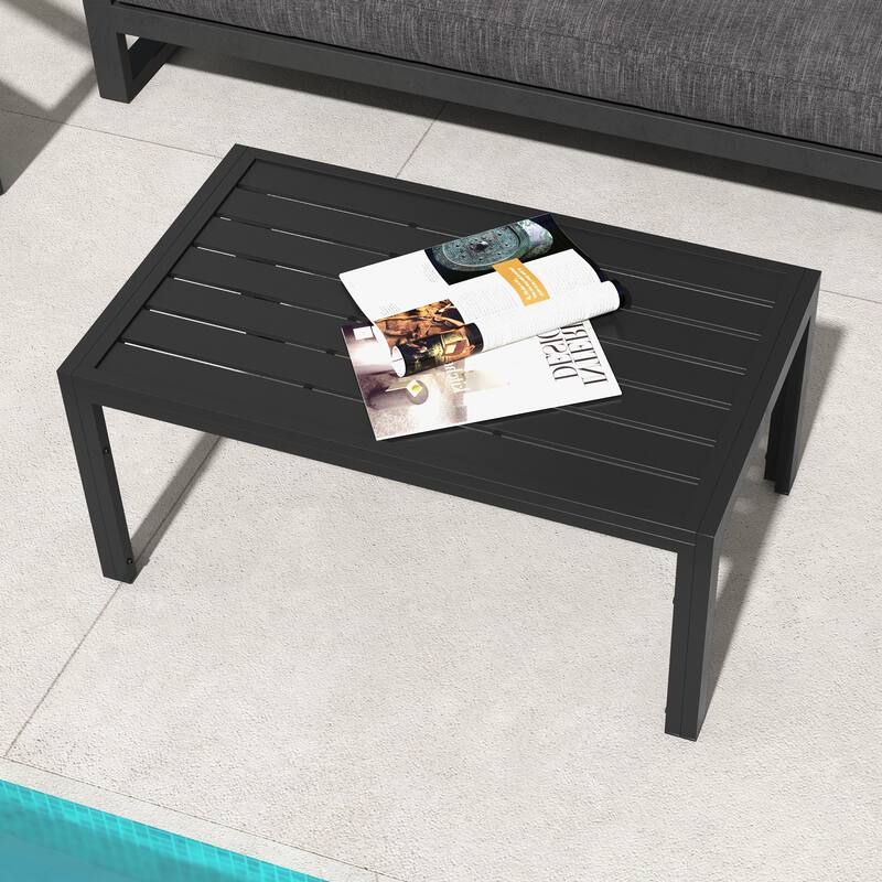 Outsunny Patio Coffee Table, Rectangle Outdoor Side Table with Steel Frame and Slat Tabletop for Garden