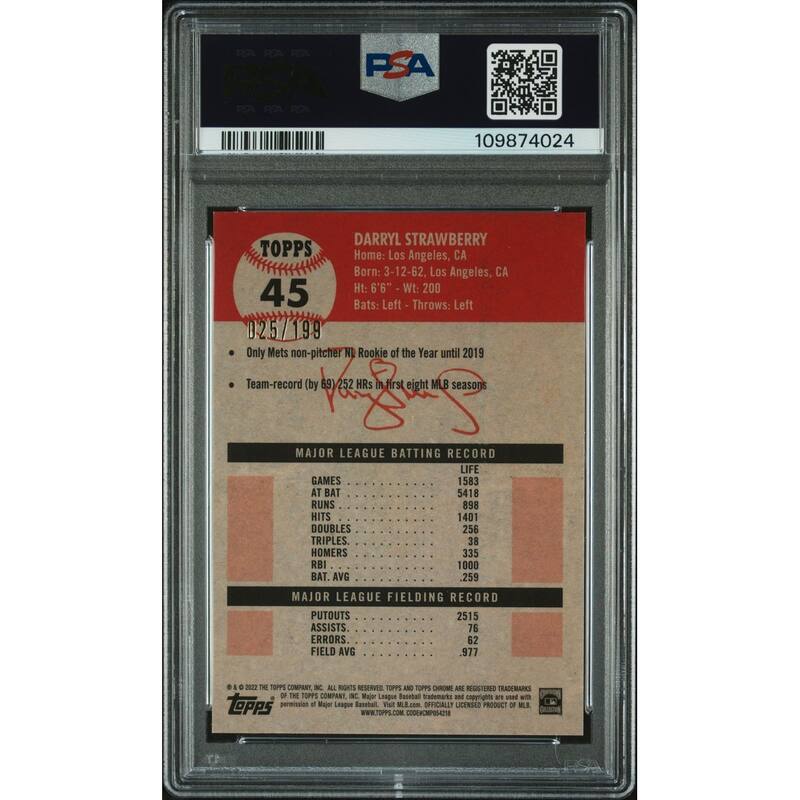 Darryl Strawberry 2022 Topps Chrome Blue Refractor Card #45 Auto PSA 10 25/199 - 8' x 11'