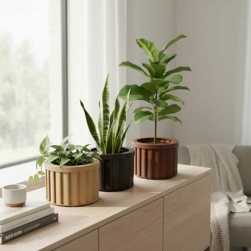 Anmytek Modern Rolling Planter with Wood-Grain Finish & Fluted Detailing, Removable Saucer, Mobile Plant Stand for Living Room