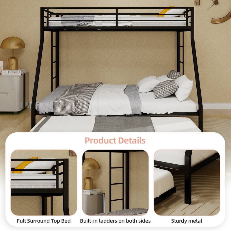 High - Stability Square Tube Bunk Bed, Featuring Ladder & Rolling Trundle, Modern Minimalist Look, Queen