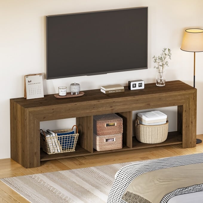 63-Inch Solid Wood TV Stand, Entertainment Center with Storage Shelf - Brown