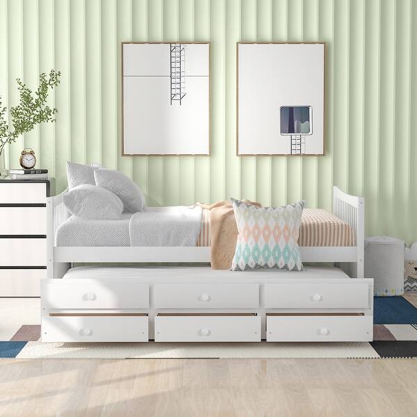 slide 2 of 18, Full Size Daybed w/ Twin Size Trundle Storage Bed & Drawers Bunk Bed Frame for Kids, Girls, Boys Easy Space-Saving, Assembly White