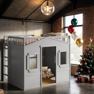 Elegant Design Full Size House Loft Bed With Ladder,Modern Multi-Functional Children's Bed-Gray聽