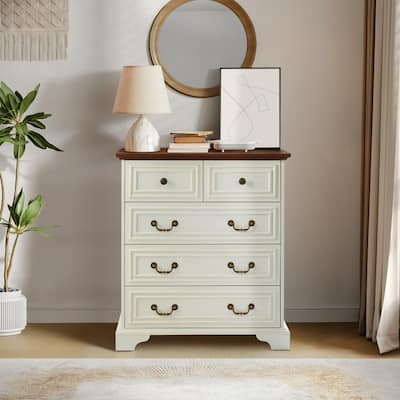5 Drawer Tall Dressers, Large Storage Dressers Organizer, Decorative Cabinet with Roman Column Handle and Bracket Feet