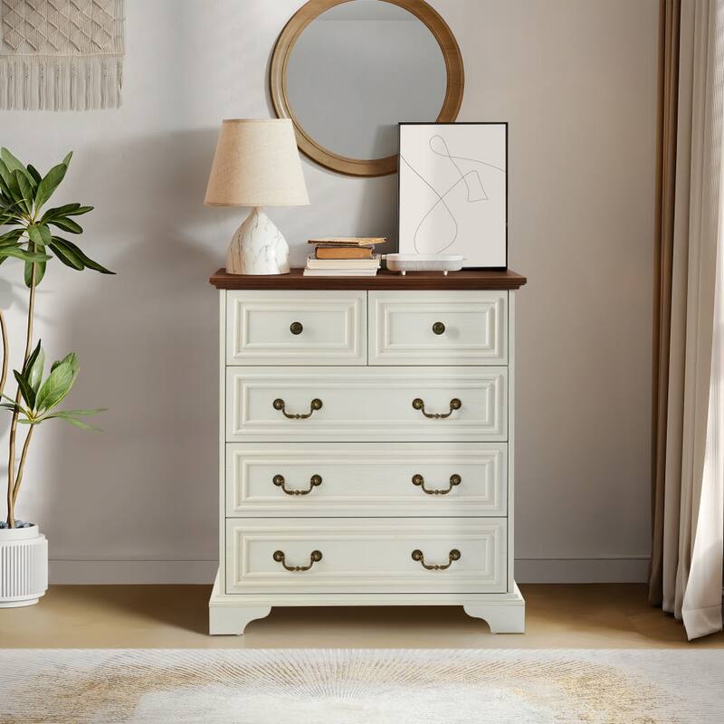 5-Drawer White Rustic Wide Dresser Farmhouse & Modern Design with Roman Column Handles and Beveled Edges