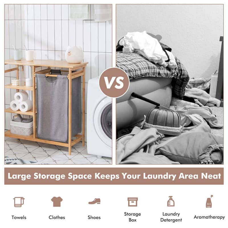 Gymax Laundry Hamper Basket Table Bamboo w/Storage Shelves and Sliding
