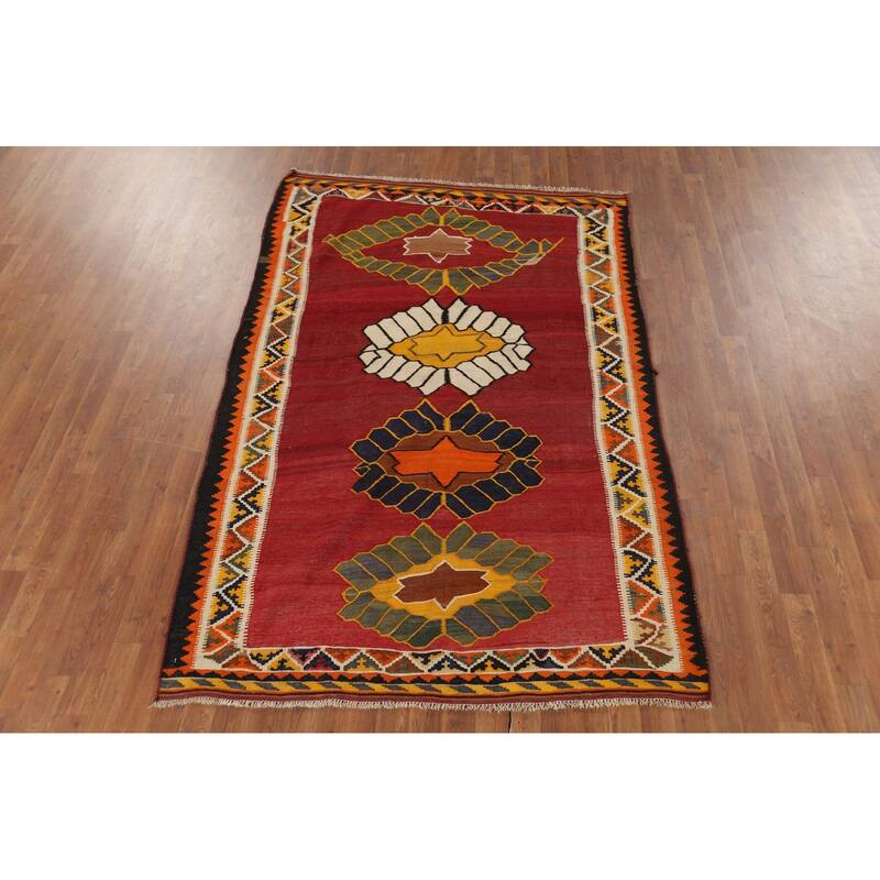 Vegetable Dye Kilim Qashqai Persian Antique Rug Hand-Woven Wool Carpet - 4'11"x 7'5"