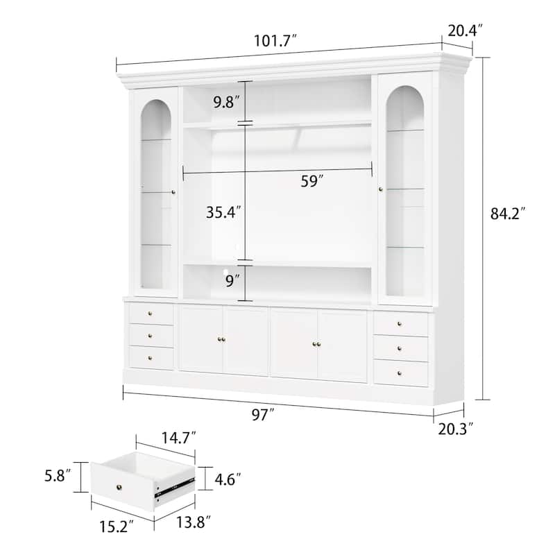 101.7" Large Entertainment Center with LED Spotlights TV Stand with Hutch & Glass Display Cabinets, Media Console Storage Unit
