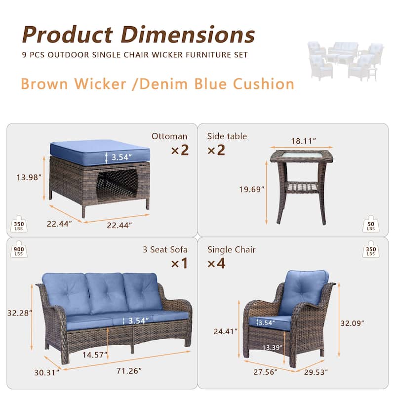 Brown Wicker Outdoor Patio Furniture Sofa Set with Denim Blue Cushions