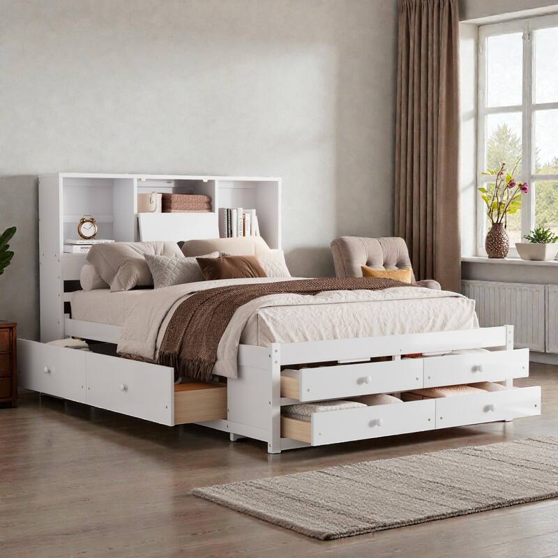 Platform Bed with Headboard Storage and 8 Drawers, Wood Bed Frame with Shelves and No Box Spring Needed