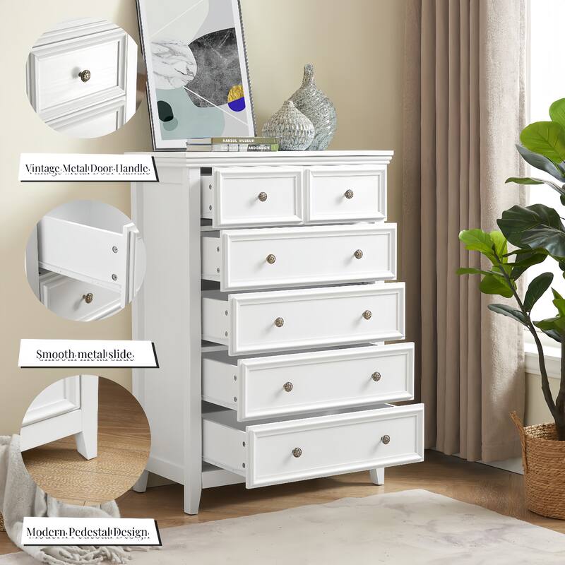 Crisp White 6-Drawer Dresser, Elegant Living Room Storage Solution
