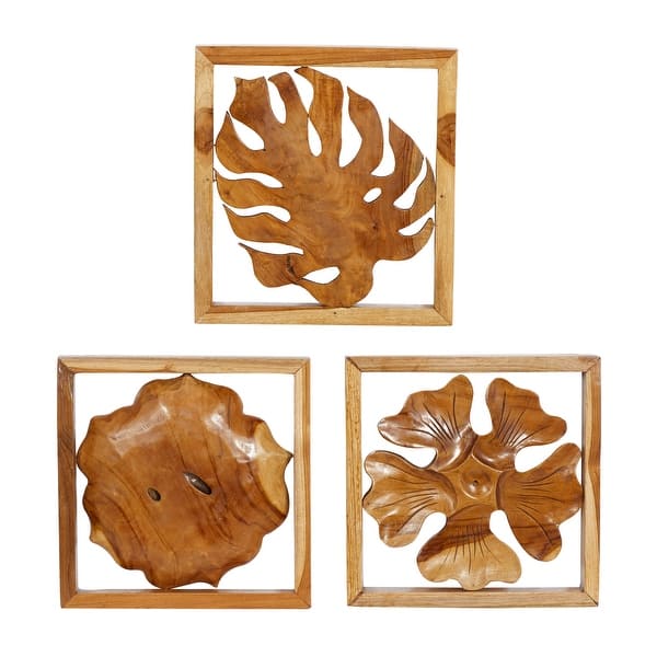 Brown Teak Wood Handmade Framed Carved Leaf and Floral Home Wall Decor ...