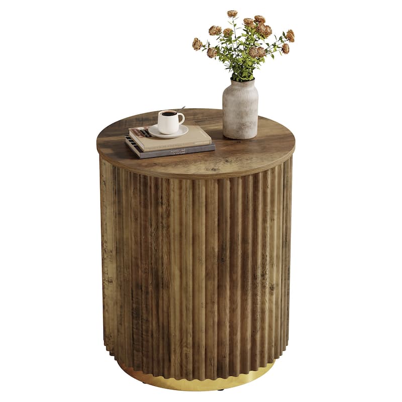 Small Fluted Round Side Table, Wooden Bedside Table for Sofa