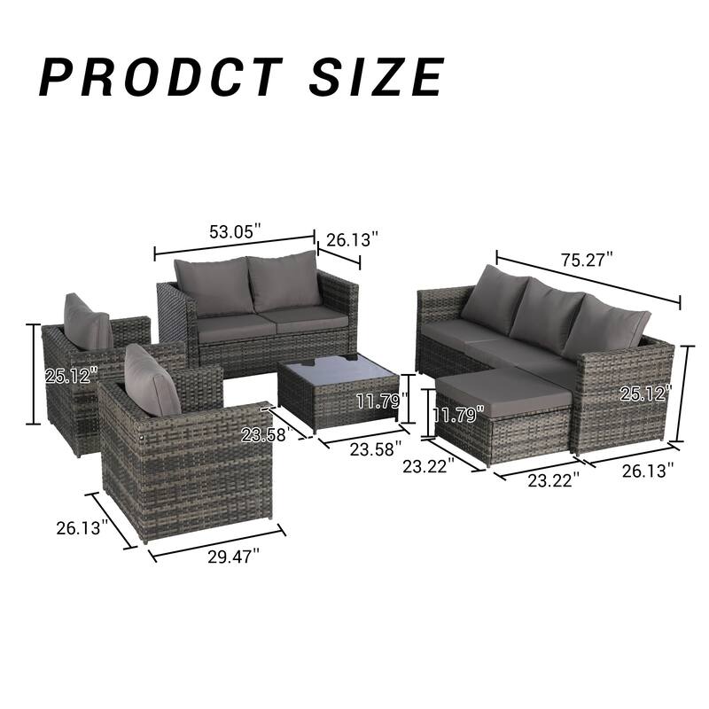 6-Piece Rattan Sectional Sofa Set with Glass Table & Armchairs