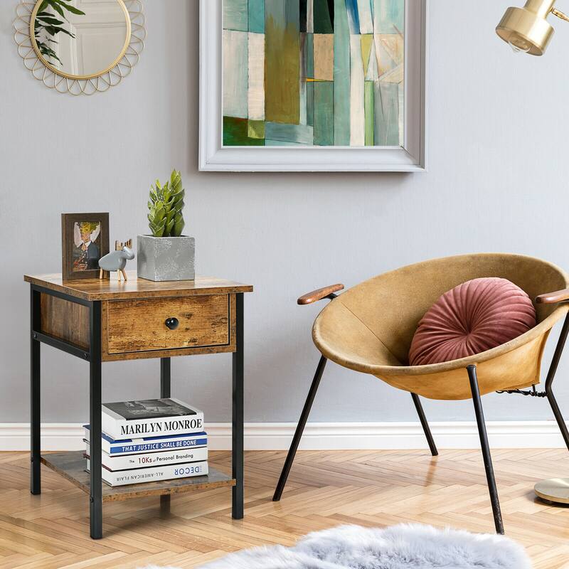 Gymax Industrial End Side Table Nightstand with Drawer Shelf Rustic - 16'' x 16'' x 22''