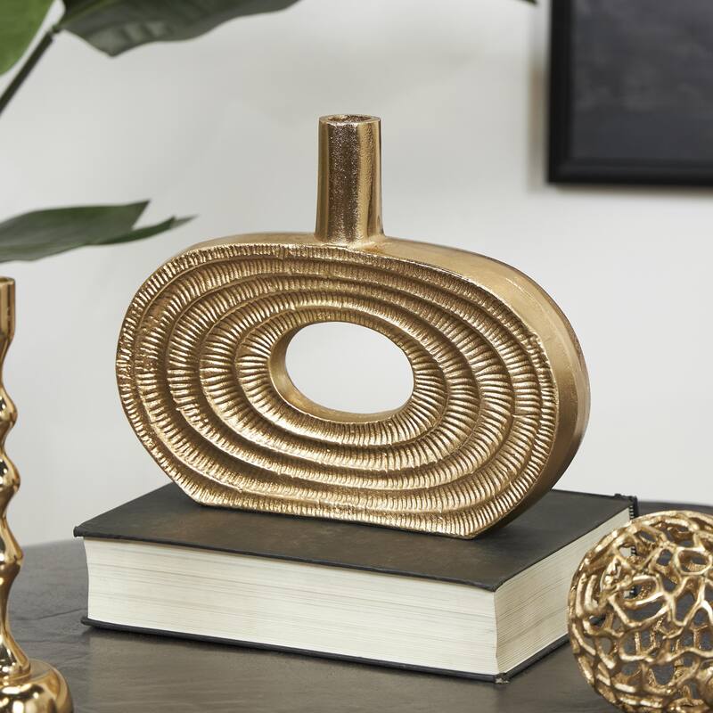 Aluminum Metal Geometric Circular Decorative Vase with Linear Etchings - Gold or Silver - Roche River Decor