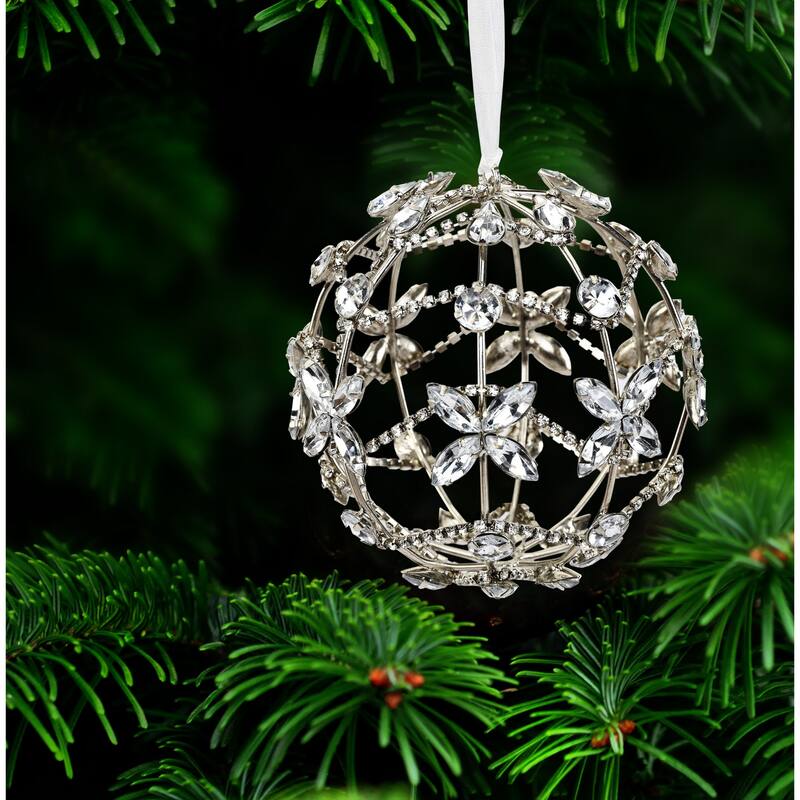 Sevita Silver Crystal Floral Handcrafted Chain Wrapped Globe Ornament, Set of 4 - 8" x 4.5" x 4.5"