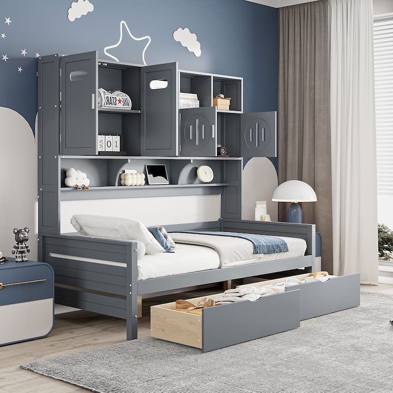 Twin Size Wooden Daybed with 2 Drawers, All-in-One Cabinet and Shelf for Bedroom