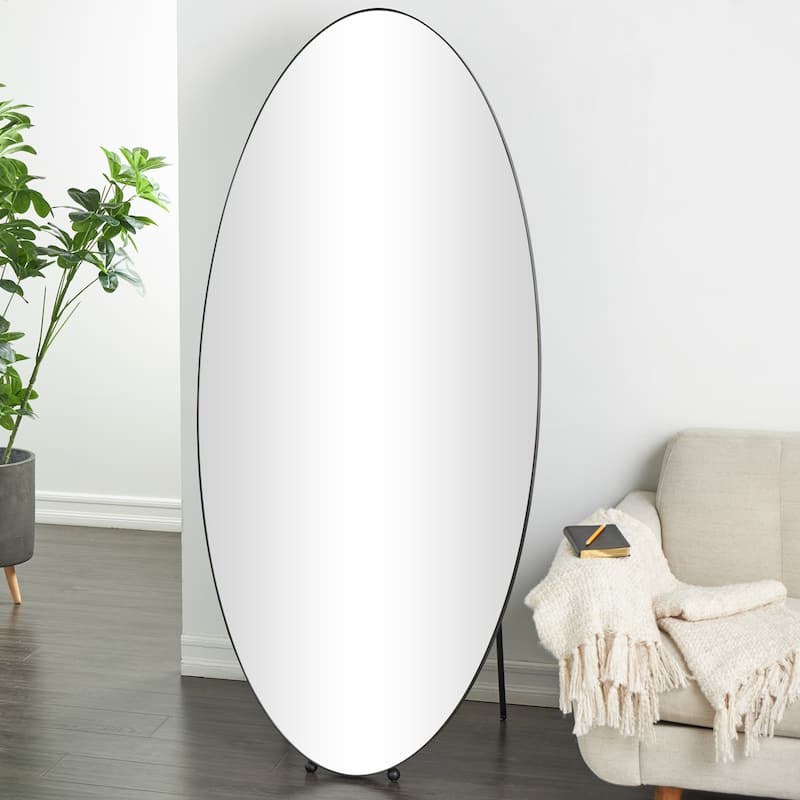 Silver Metal Oval Freestanding Room Floor Mirror with Ball Feet - Silver