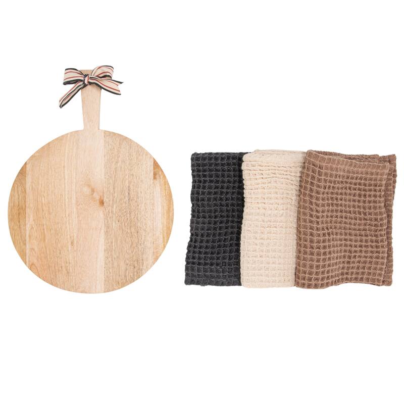 Mango Wood Cheese Board and 3-Piece Stonewashed Cotton Tea Towel Set - 28.0"L x 18.0"W x 0.25"H