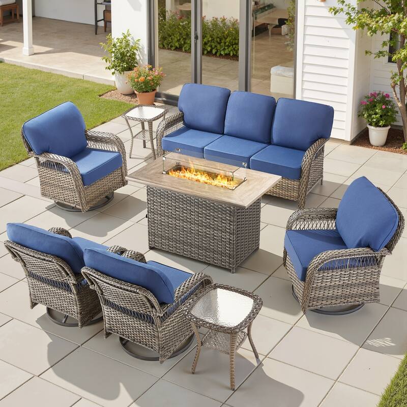 Pocassy Outdoor Fire Pit Table with Swivel Chair Sofa Ottoman Funiture Set. - Gray Wicker Blue Cushion - 8-Piece Sofa Swivel Chair Table w/ Fie Pit Table